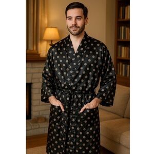 Robert Louis Mens Silk Blend Robe One Size Fits All OSFA Black Gold Old Money